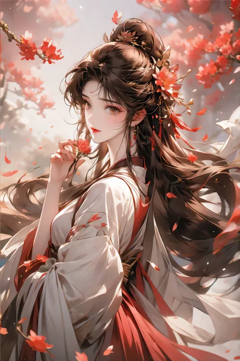 1girl,long brown hair decorated with flowers 🏵️, bright brown eyes,smile, smile,girl wearing a simple hanfu, looks beautiful and...