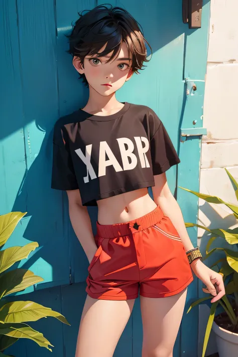 Teen boy-model 14 years old, boy wears a crop shirt and too very short mini shorts, beautiful legs, hot summer, highest quality,