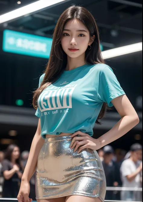 a beautiful korean girl, walking in dubai airport and shopping, (wearing a silky glitter seafoam t-shirt with " SUISY " ENGLISH TEXT ON T-SHIRT), tight mini skirt, long flowing hair, detailed beautiful face with striking eyes and lips, long silky hair, ele...