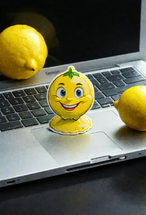 high quality lemon sticker on laptop back,lemon bobble head toy in background,detailed and realistic laptop surface,clean and sleek laptop design,glossy and vibrant lemon sticker,laptop with soft lighting,photorealistic lighting and shadows,cinematic camer...