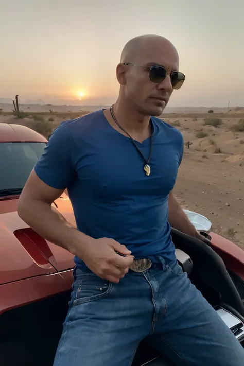 landscape photo, picture taken from afar, picture taken from far distance, man using iphone in ferarri, picture taken from front of car, sunset in background, bald muscular man, blue tshirt, in ferrari, dubai desert, using iphone, photo taken from far away...