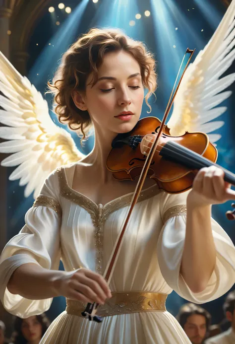 Creare a close-up, realistic portrait, depicting a other worldy concert, where angels, with wings, play music (violin) in an orchestra that resonates through the supernatural realm, surreal, unreal, fantasy like image, peace atmosphere,heavenly background,...