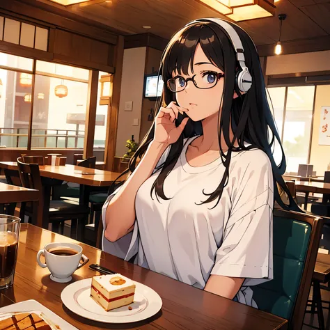 A serious-looking beautiful girl with glasses wearing an oversized white T-shirt and headphones is enjoying cake and coffee at a cafe, Japanese anime style