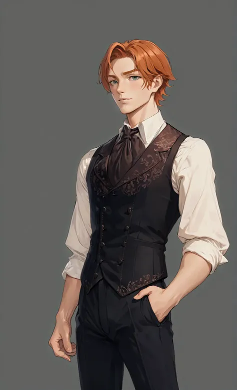 handsome man, ginger hair, anime style, courageous, masterpiece, european, victorian era, white shirt, classical, beautiful waistcoat, black pants, slim, beautiful illustration, visual novel, highly detailed, masterpiece