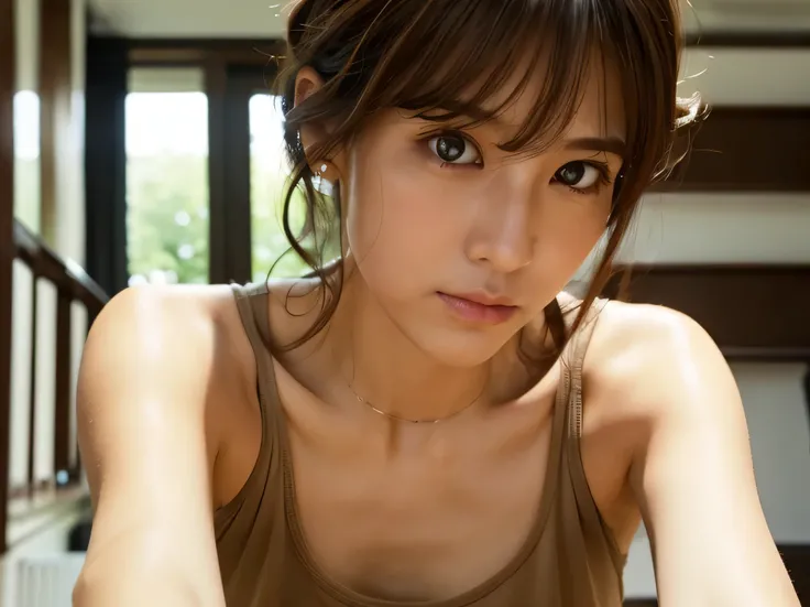 Look into the eyes,　Eye contact,　Front of face,　Front face,　face,　head,　Cross-legged,　indoor,　Brown Hair,　bangs,　Light clothing,　Tank top,　Sweat,　Sweaty,　Sweaty,　clavicle,　Cross-legged,　Light from below,　Chest,　Earrings