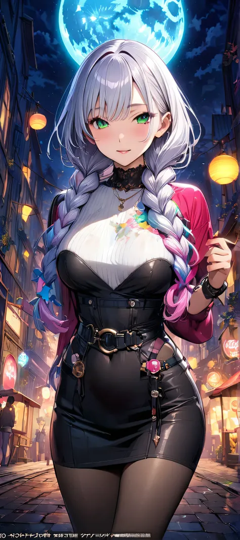 (masutepiece, of the highest quality, Best Quality, Official art, Beautiful and aesthetic:1.2),  Extremely detailed,(Colorful:1.1),highest details, one arafed woman with braids white hair and pink tips  and green eyes,nylon dress, big breast, sfw, night, b...