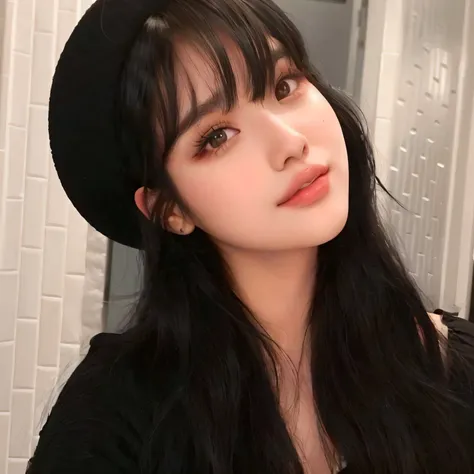 Chica araffe con pelo largo y negro y sombrero negro., she has black hair Con flequillo, con flequillo completo, IU actreess, Con flequillo, lee jieun, ulzzang, jieun, IU soloist kpop, lee ji-eun, pale korean adorable face, neat hair Con flequillo