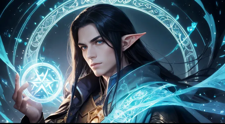 arafed male elf with long black hair and a blue cape, portrait of fin wildcloak, and intricate runes etched on circle of magic ghostly shimmering, This breathtaking portrait, showcases every intricate detail in stunning clarity. The warlocks robes shimmer ...