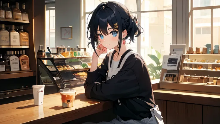 1girl, adult, dark blue hair, messy hair, medium size hair, light blue eyes, black shirt, black jeans, beige apron, working, bartender, waitress, making coffee, cafe bar, concentration, looking away, happy, cozy, chill, illustration, masterpiece, ghibli, p...