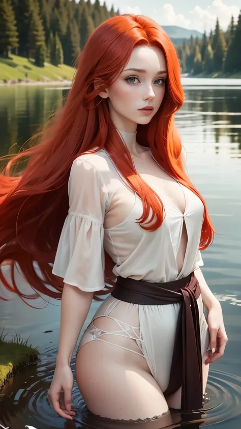 redhead haired woman with long red hair standing in front of a lake, red haired goddess, beautiful redhead woman, redhead woman, woman with red hair, flowing red hair, red hair girl, red haired girl, long flowing red hair, red haired young woman, flowing g...