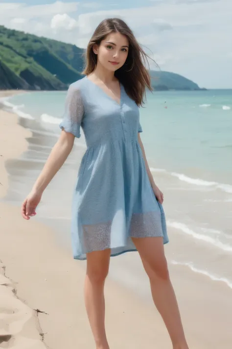 beautiful female,solo,casual dress,dutch angle ,beach