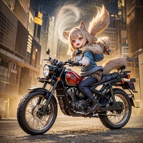 (highest quality,High resolution:1.2),shiba inu girls,Adorable chibi style,Vibrant colors,Fantasy Landscape,Riding on motorcycle,Magical Environment,Twinkle Star,The wind that makes your hair flutter,Expressions of joy,Amazing adventure,A playful atmospher...