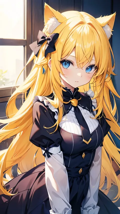 Anime cat girl with long yellow hair and blue eyes