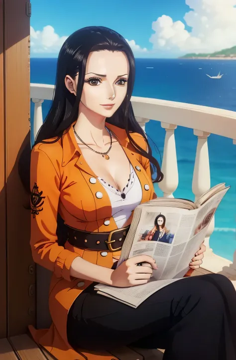 melhor qualidade, obra prima, u detalhada, of one piece, Estilo of one piece, Arte do local, arte chave, NAVIO, biblioteca, mulher de cabelos pretos cabelo comprido, Happy expression and laughter, Pose para foto, Poderia, Feliz, diary in her hand, perfect ...