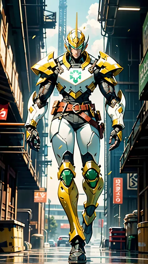 A man wearing a full-face helmet, a fantasy-style biotech armored combat suit, green eyes, (a composite layered chest armor), fully enclosed shoulder guards, matching arm and leg guards, the belt is adorned with cross, (the color scheme is primarily white ...