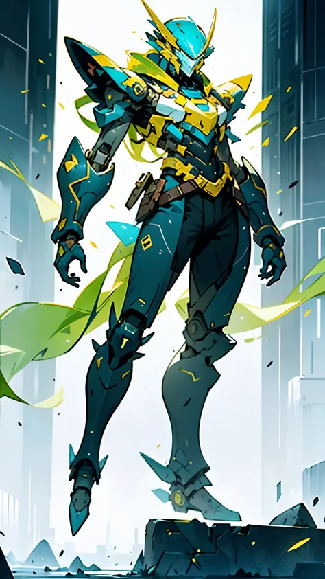 A man wearing a full-face helmet, a fantasy-style biotech armored combat suit, green eyes, (a composite layered chest armor), fully enclosed shoulder guards, matching arm and leg guards, the belt is adorned with dragon claw grasping orbs, (the color scheme...