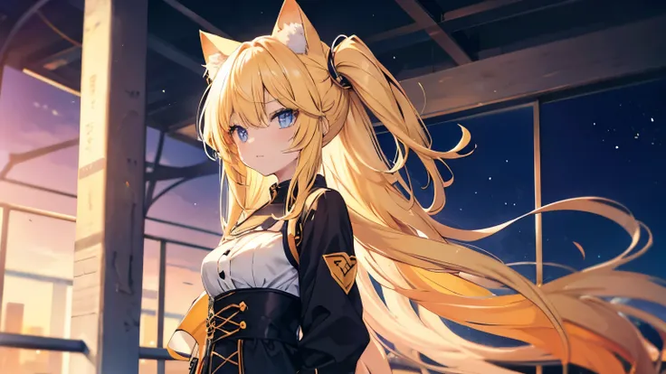 Anime cat girl with long yellow hair and blue eyes