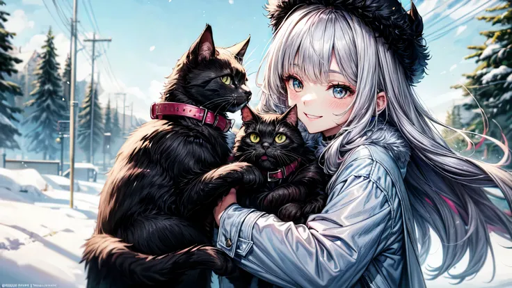 In the midst of snow right,((a fluffy large black cat)), and a girl wearing ((a long coat made of full silver fox fur )), cuddle together for warmth The girls long pink hair can be seen peeking out from under her fluffy fur hat. The sleeves, collar, and he...