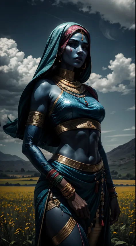 arab woman, blue skin, she has four arms, indian woman, battle rogue clothes, field, clouds