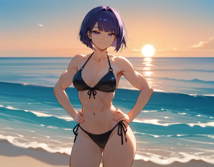 1girl, solo, short hair, sidelocks, bob cut, dark purple hair, purple eyes, swimsuit, black bikini, medium breasts, woman, standing, hands on hips, happy, looking at viewer, narrowed eyes, small smile, closed mouth, athletic body, thighs, [muscular woman],...