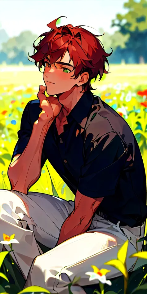 (masterpiece, best quality),1boy with short messy auburn hair, sitting in a field of green plants and flowers, his hand under his chin, warm lighting, black shirt, blurry foreground, soft smile, slightly tanned skin, side part hair, athletic body, handsome...