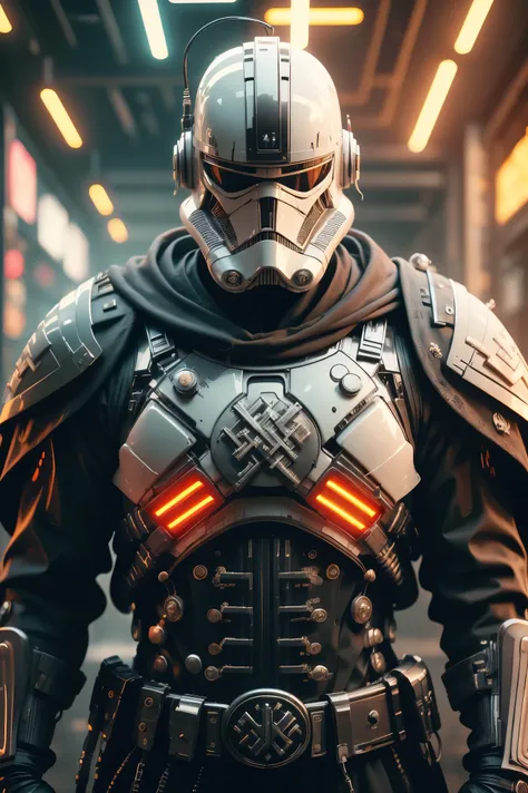 sh4g0d style cyberpunk-nazi, stormtrooper-nazi, broad shoulders black cloak (lights and switches on cheats) ((white plate-armor)...