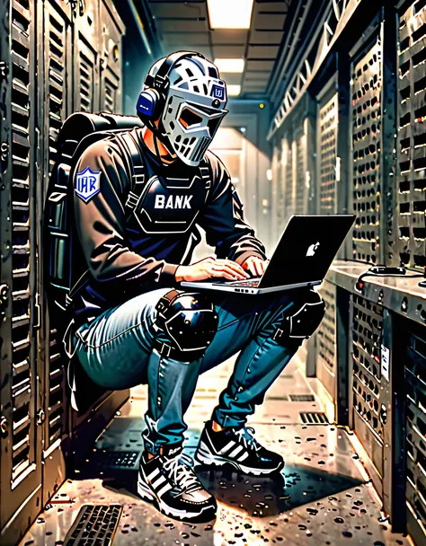 masterpiece, best quality, 1man, male focus, villain, solo, jeans, (umpire chest protector), (using laptop), (knee pads, matching knee pads), (black t-shirt, long sleeves), tactical headset, backpack, (hockey mask), sneakers, full body, looking down, kneei...