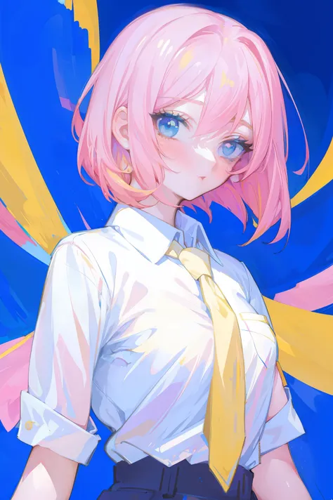 young woman, upper body, short hair, pink-yellow hair, blue makeup, white shirt, pink necktie, simple background