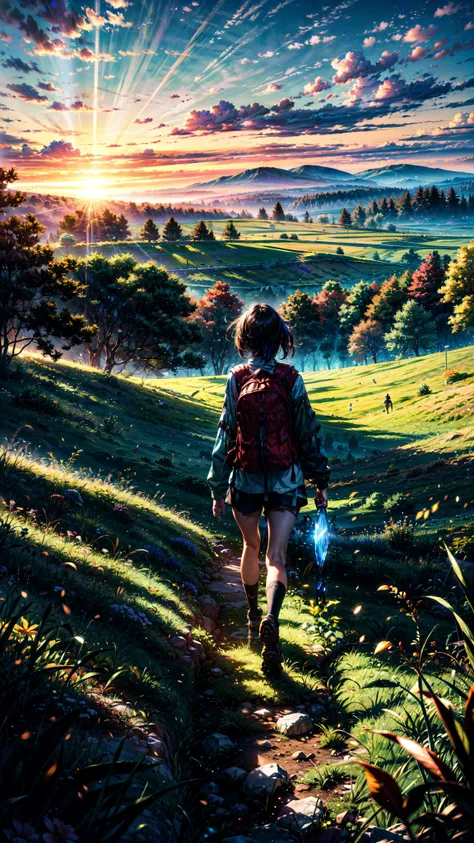 The vast sky, large grasslands, moving visual effects, colorful natural light, and a girl wearing a long-sleeved top and shorts with a backpack can be faintly seen in the distance in the middle of the meadow.