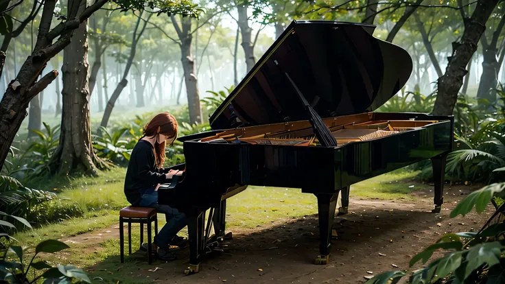 tocando piano em uma floresta encantada cheio de luzes