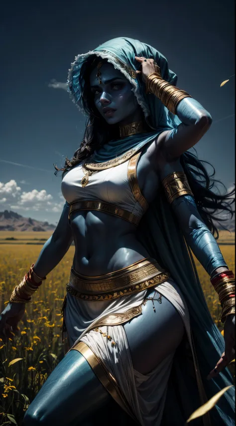 arab woman, blue skin, she has four arms, indian woman, arabian rogue battle white clothes, field background