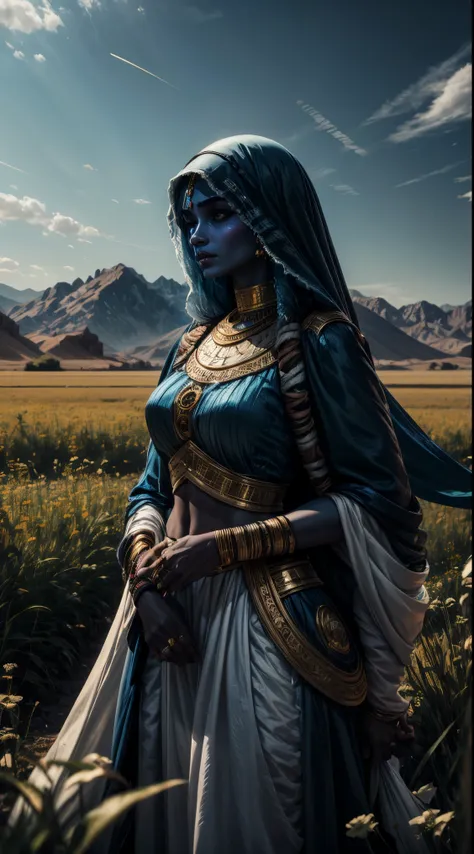 arab woman, blue skin, she has four arms, indian woman, arabian rogue battle white clothes, field background