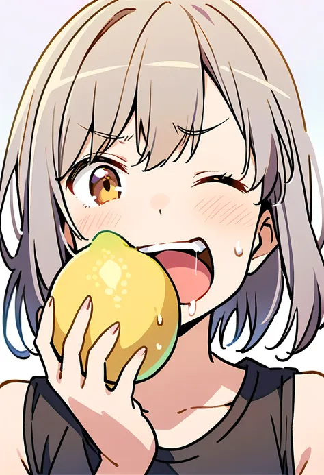 1girl eating lemon, eyes closed, eyebrows furrowed, distorted facial expression, tight wrinkled facial expression, mouth open dr...