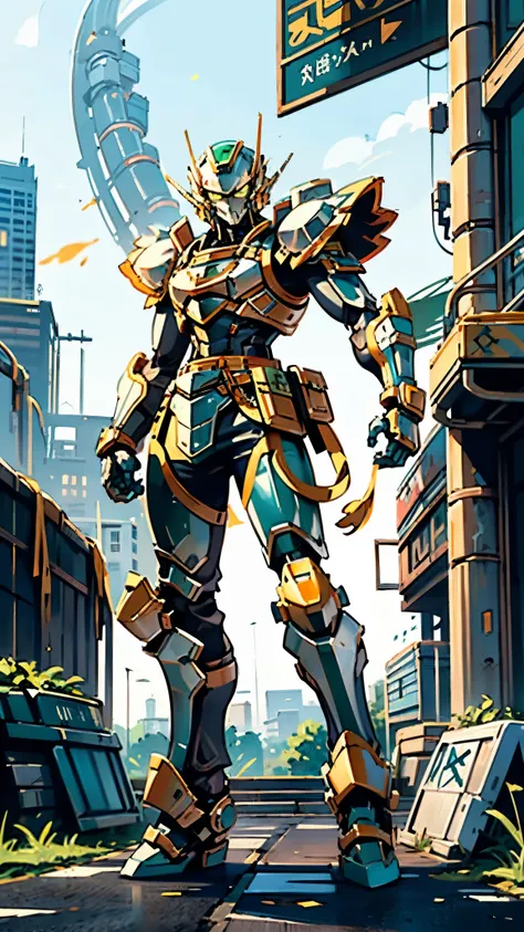 A man wearing a full-face helmet, a fantasy-style biotech armored combat suit, green eyes, (a composite layered chest armor), fully enclosed shoulder guards, matching arm and leg guards, the belt is adorned with dragon claw grasping orbs, (the color scheme...