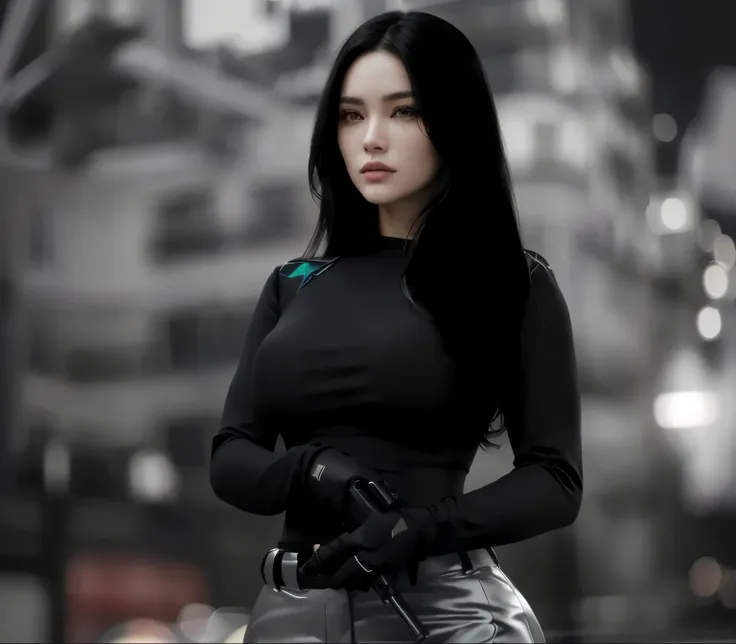 a woman in a black blouse and pants holding a gun, ultra, ultra nd, ultra render, ultra realist, ultra - detalhes, utra realista, ultra rendered, ( ultra realista ), contraste ultra-alto, ultra detalhes, violence, ultra detalied, ultra sharp, ultra realist...