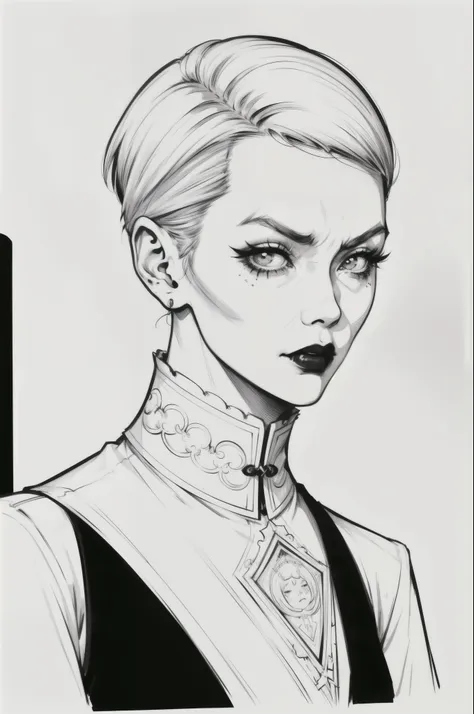 drawing of a mature woman, realistic portrait, upper body, goth asian girl, white hair, channel haircut, mad face, rebel outfits...