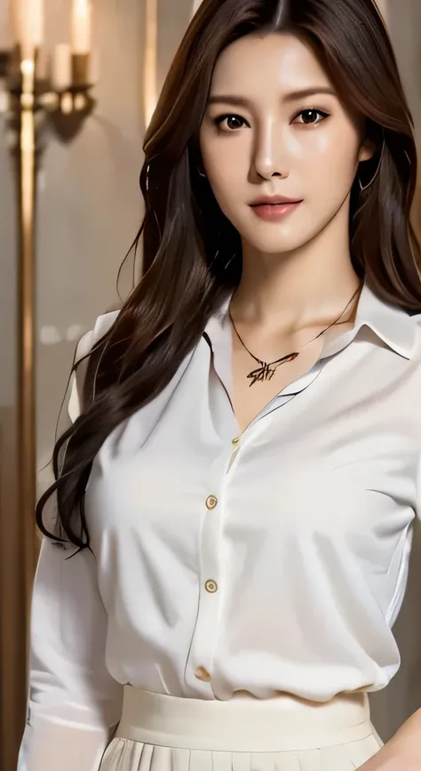 (highest quality,High resolution,masterpiece:1.3),Beautiful woman,Slim Abs,Loosely wavy dark brown hair,Big Breasts,Wear a pendant,White Button Down Blouse,band,Black Skirt,Beautifully expresses the fine details of the face and skin texture,Fine grain,doub...