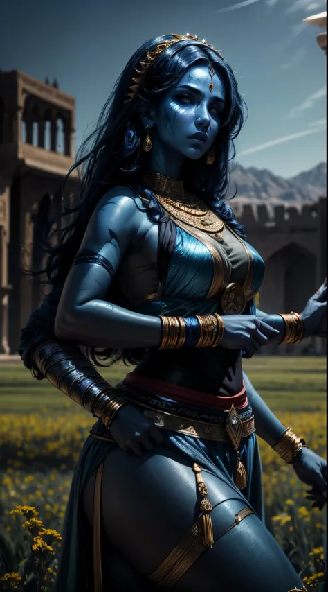 arab woman, (((blue skin))), she has (((four arms))), black hair, arabic swords on each hand, indian woman, arabian rogue battle...