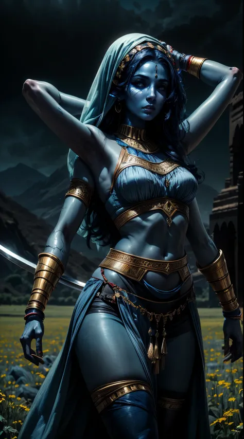 arab woman, (((blue skin))), she has (((four arms))), black hair, arabic swords on each hand, indian woman, arabian rogue battle...