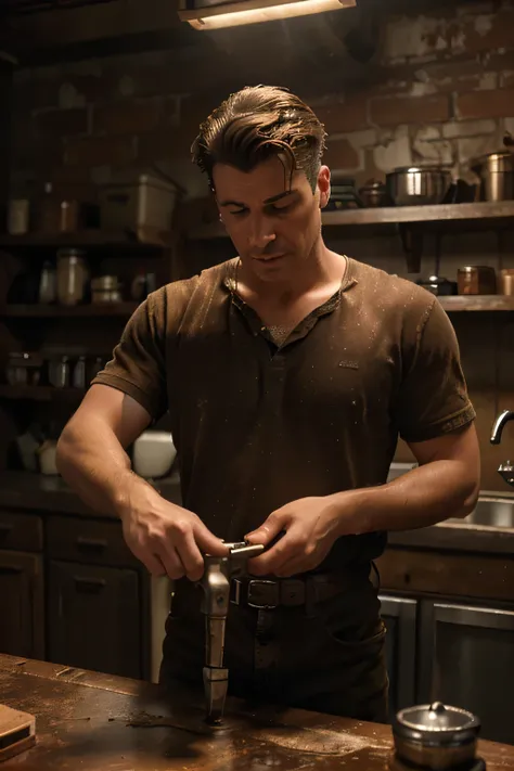 a male plumbing professional in the 1950s, highly detailed cinematic portrait, working on a sink faucet, photorealistic, high quality, studio lighting, intricate details, cinematic film style, sharp focus, physically-based rendering, visceral, gritty, mood...