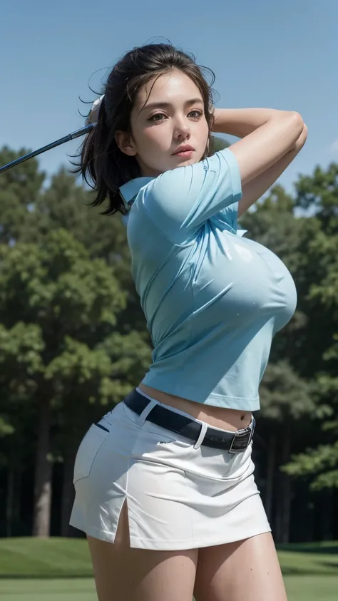 A beautiful female golfer teeing off on the golf course. Polo shirt. Miniskirt. The polo shirt is damp with sweat, and the shape of her nipples is clearly visible. Clear blue sky. Sweat flying. The moment of the swing.A glamour and stylish beauty with giga...