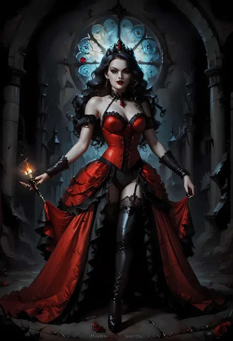 Dark fantasy art, fantasy art, goth art,  a picture of a female vampire, exquisite beauty, full body shot, dark glamour shot,  pale white skin, dark blond hair, long hair, wavy hair, (glowing grey: 1.3) eyes,  she  wears a (red: 1.3) red dress, ArmoredDres...