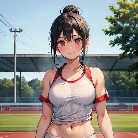 1girl, black hair in a bun, athletic body, sweaty, smiling, wearing a tight track uniform, standing up on a track