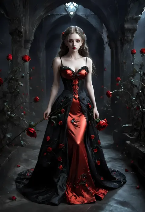 Dark fantasy art, fantasy art, goth art,  a picture of a female vampire, exquisite beauty, full body shot, dark glamour shot,  pale white skin, dark blond hair, long hair, wavy hair, (glowing grey: 1.3) eyes,  she  wears a (red: 1.3) red dress, ArmoredDres...