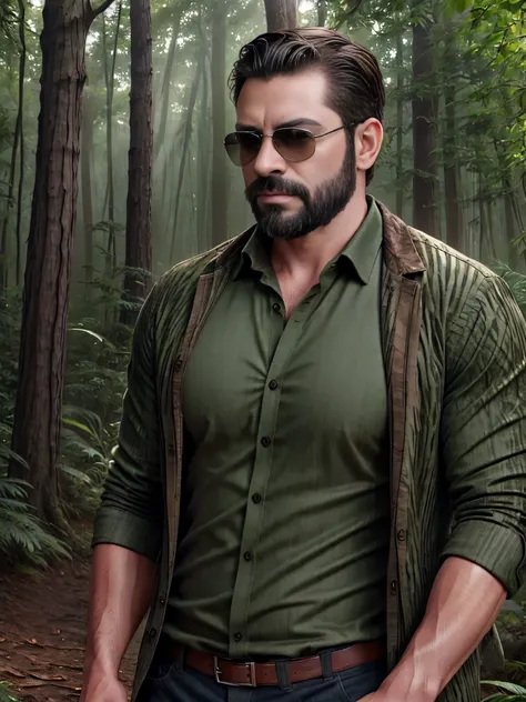 create an ultra-detailed digital art image featuring a very masculine 38-year-old man with a beard and wearing dark sunglasses. ...