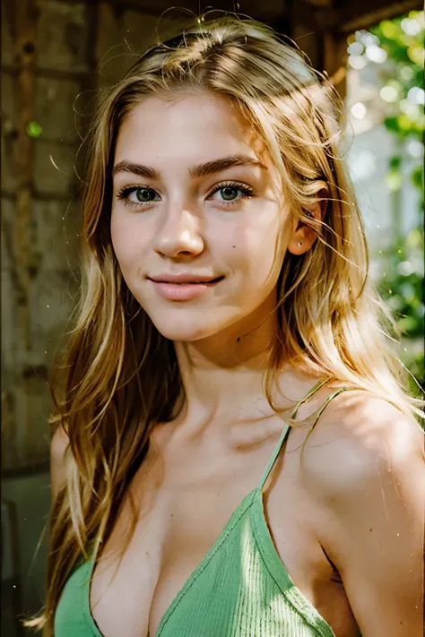 jeune blonde, photo portrait, cheveux long, moyenne poitrine, cheveux long, dressed, 18 ans , yeux vert, mignonne, athletic body, Thick hair, trimmed eyebrows, defined jaw, big lip, petit nez, very blond hair, habiller, Light smile