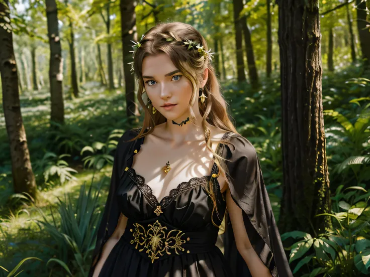 Junge Zigeunerin mit buntem Kleid, Goldschmuck,  Schal, Ohrringe, lange schwarze gewellte Haare, auf eine sandigem Weg, bei blauem Himmel, Wildwiese, Wald, Blumen, 