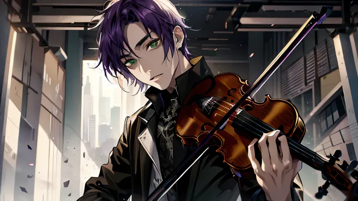 alone, male, masterpiece, High resolution, short hair, Purple Hair, Green Eyes, Black and white shirt, Beautiful face, violin, violinist