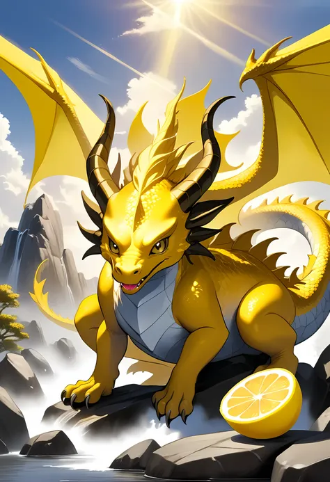 a picture of a gold dragon sitting on a massive rock , (eating a lemon: 1.3), (((biting a lemon: 1.5))) (best details, Masterpiece, best quality :1.5), dragon_real cloudy skies background, an epic gold dragon (best details, Masterpiece, best quality :1.5) ...