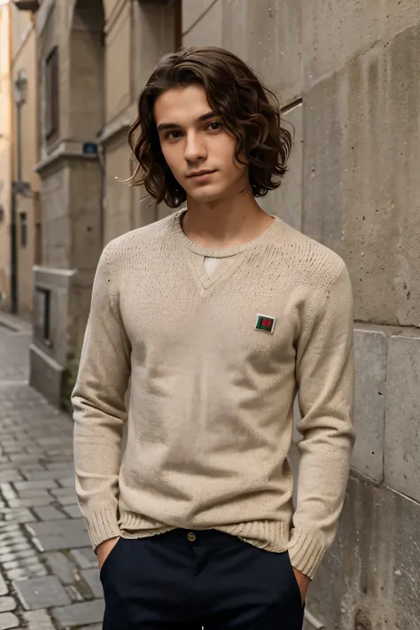 young man, A student, Italian, thin, short wavy hair, smart casual style, jumper, A slight smile